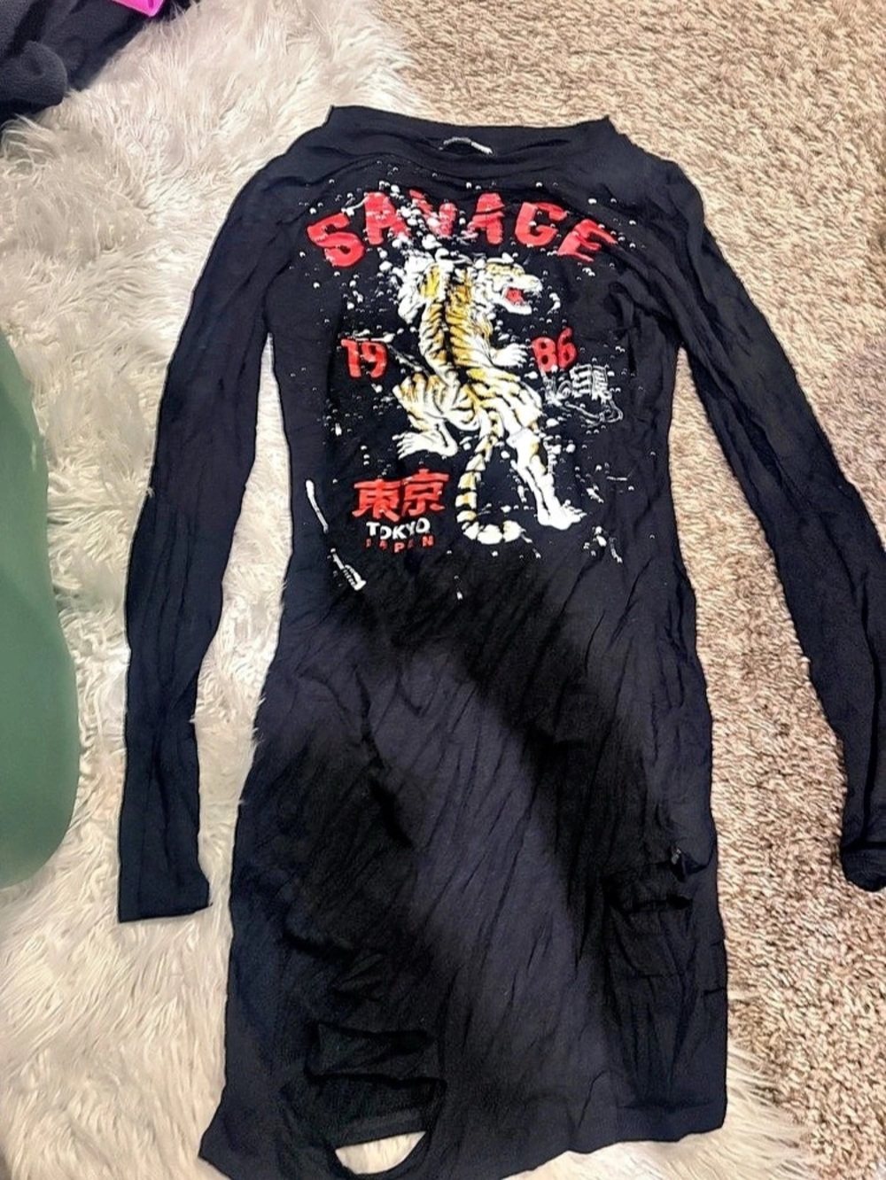 Fashion Nova Graphic Tiger Long Sleeve Tee in Black & Red